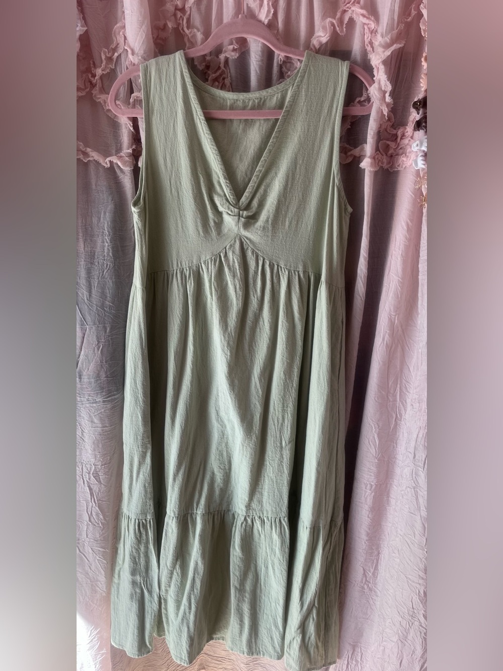 Sleeveless Sage Green tiered midi dress with pockets cottage core whimsy